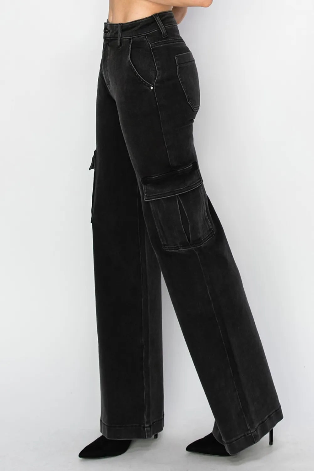 Risen High Rise Wide Leg Cargo Jeans in Black