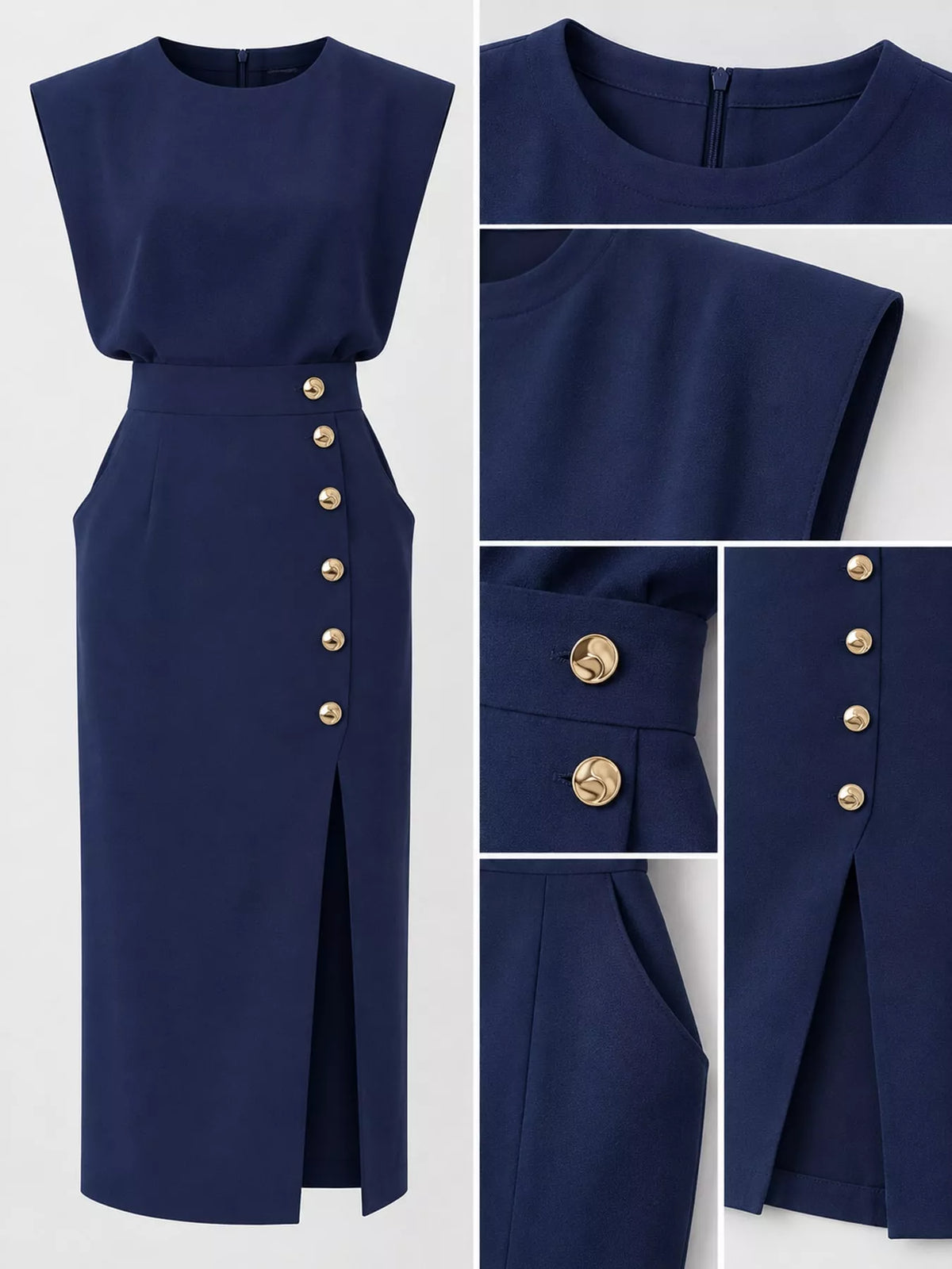 Sleeveless Midi Dress with Gold Button Detail