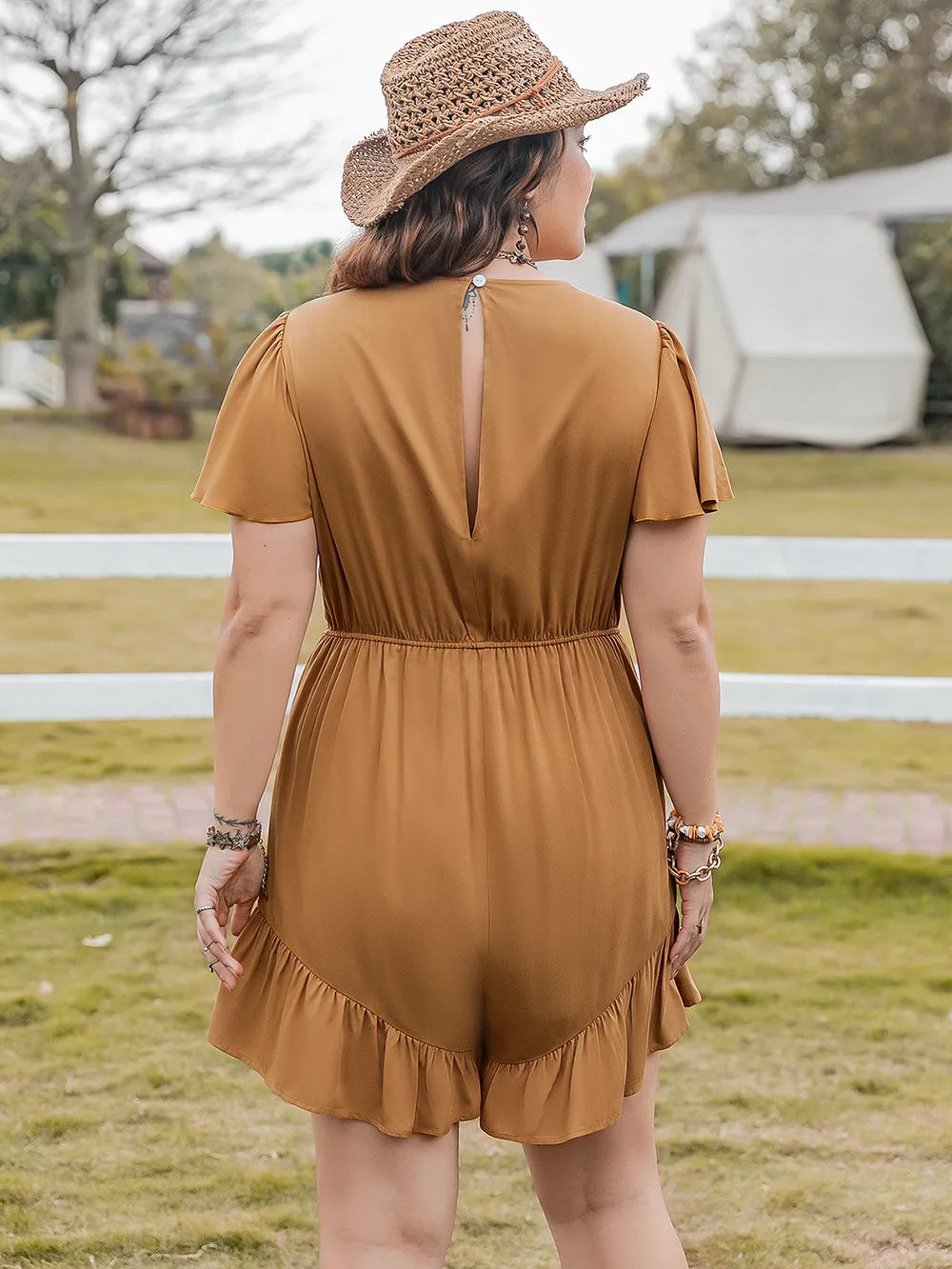 Ruffled V-Neck Romper in Caramel