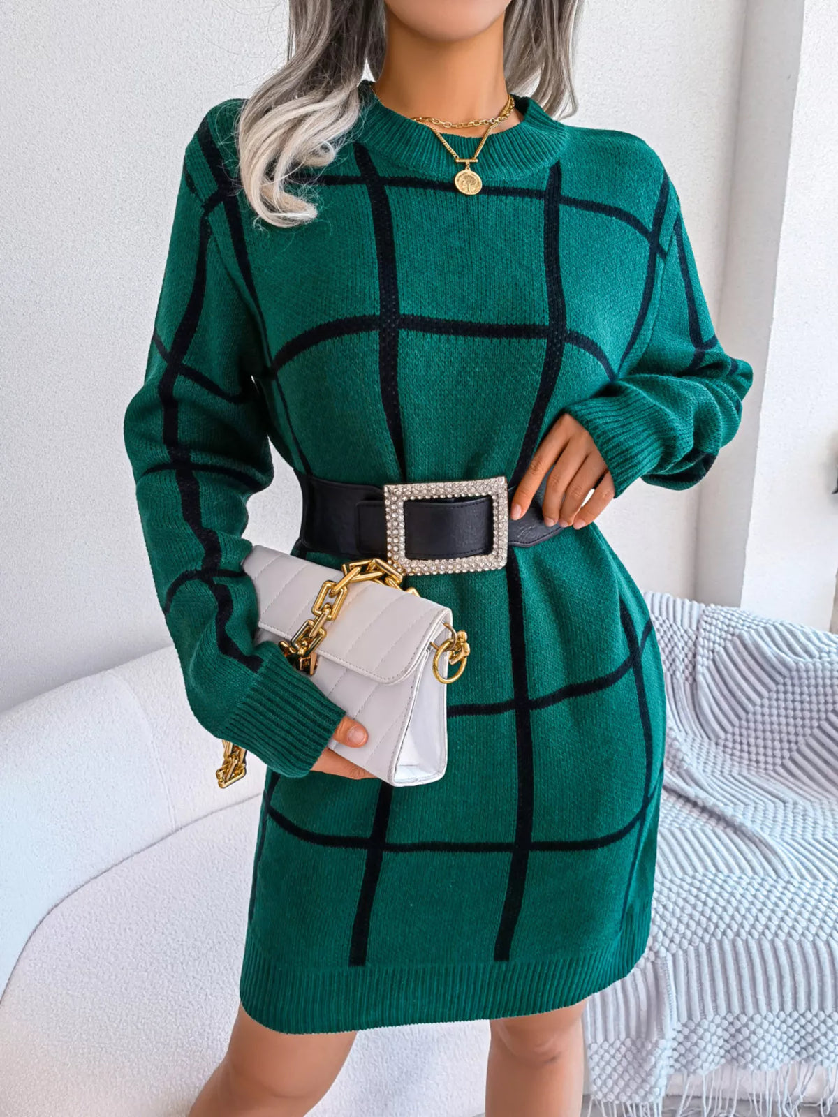 Plaid Long Sleeve Sweater Dress by Clise