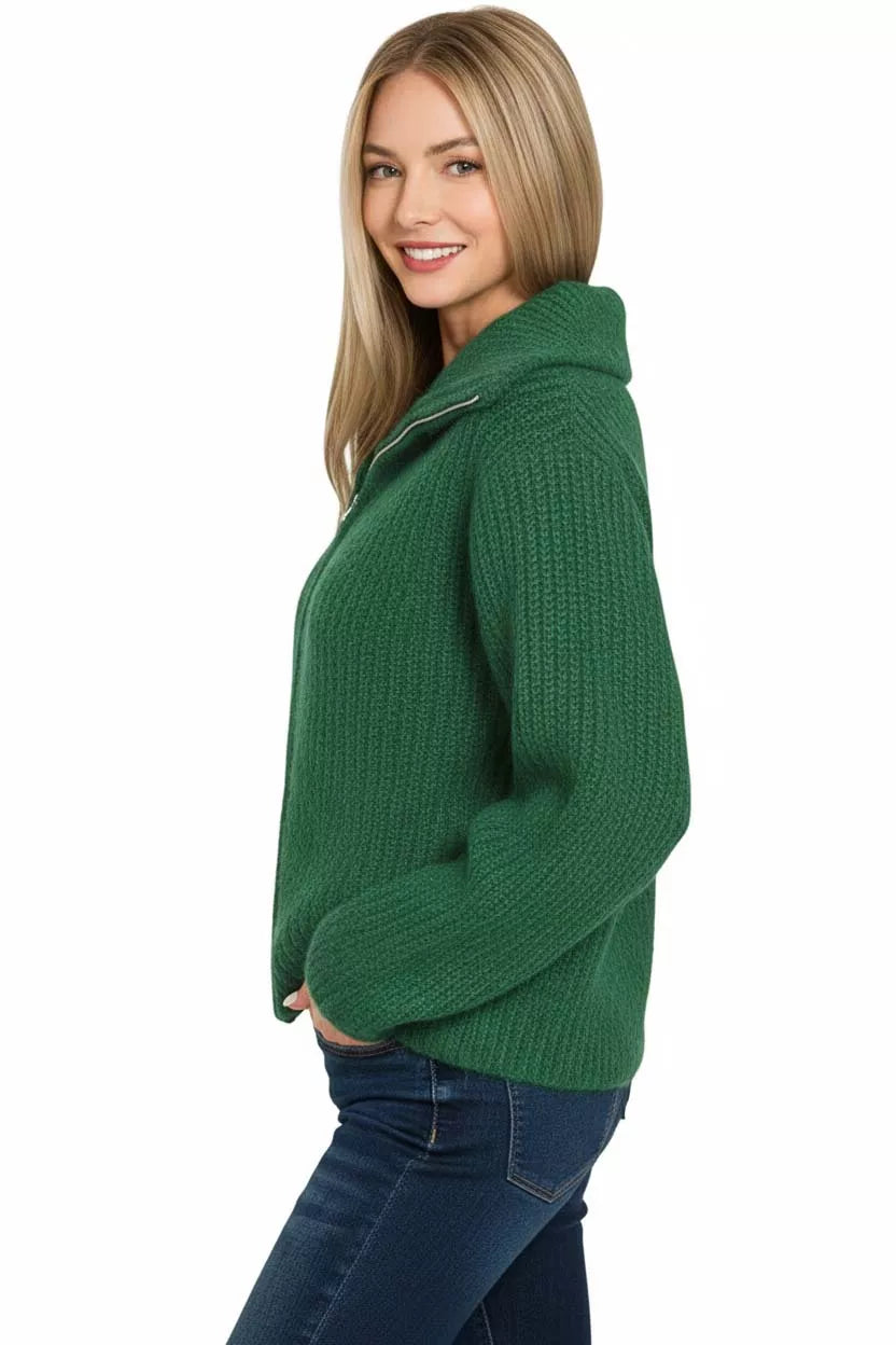 Zenana High Neck Full Zip Cardigan in Dark Green in Dk green
