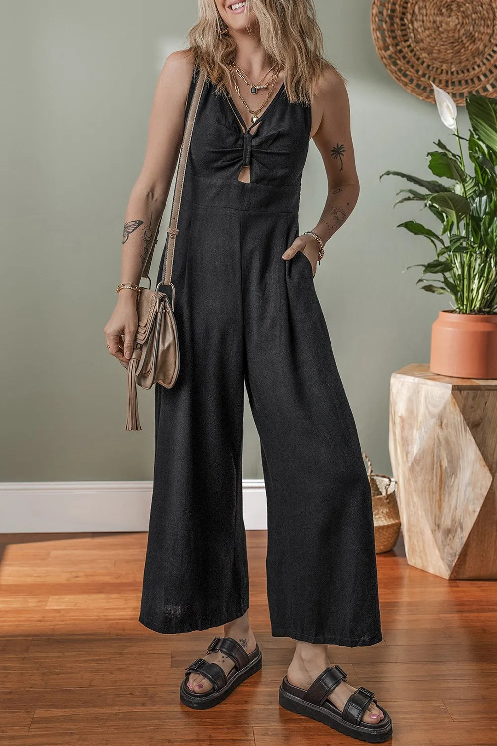 Front Cutout Smocked-Back Wide Leg Jumpsuit in Black