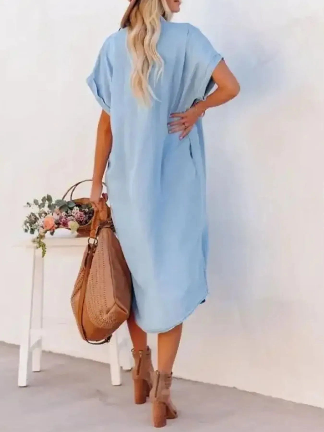 Button Down Denim Midi Shirt Dress in 1907 Color