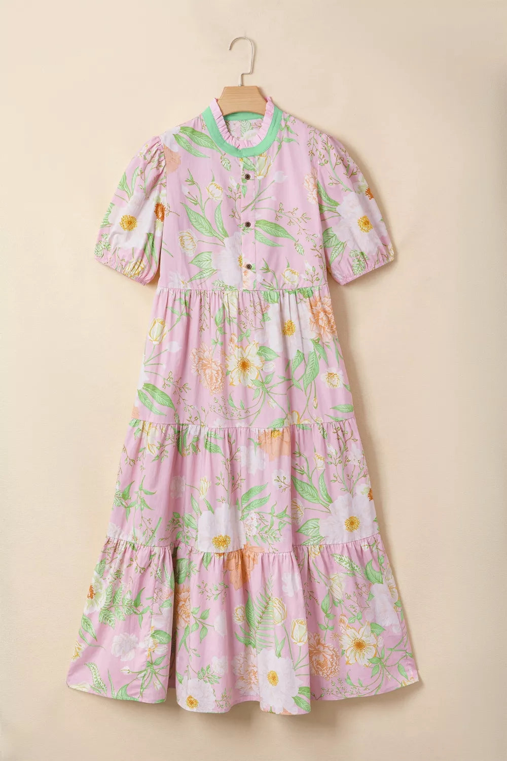 Floral Puff-Sleeve Tiered Dress in Dusty Pink