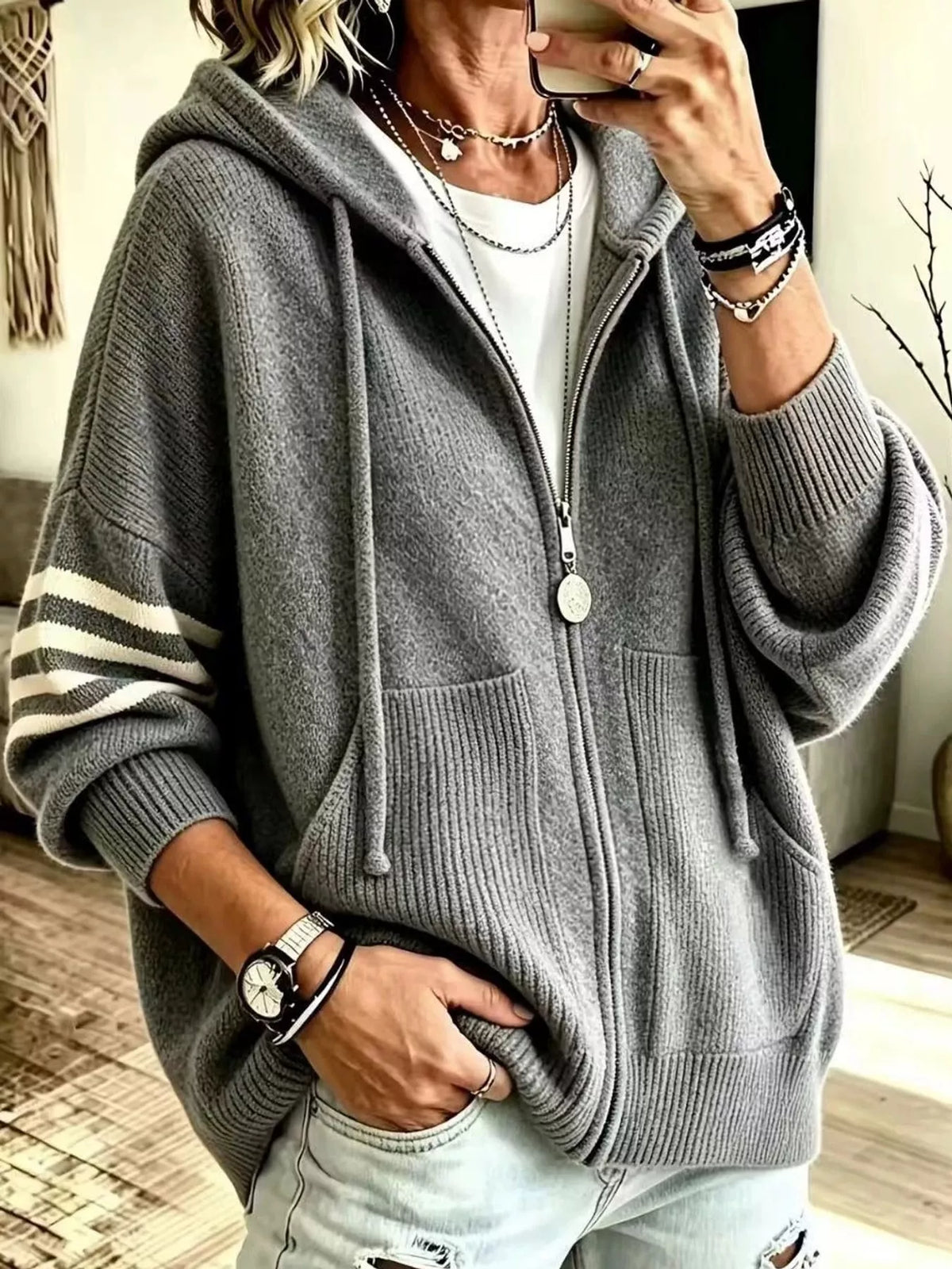 Hooded Zip-Up Knit Cardigan