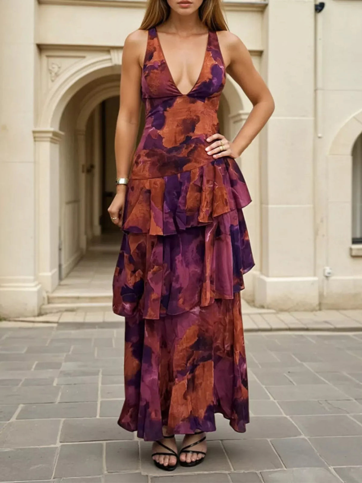 Floral V-Neck Maxi Dress in Deep Purple