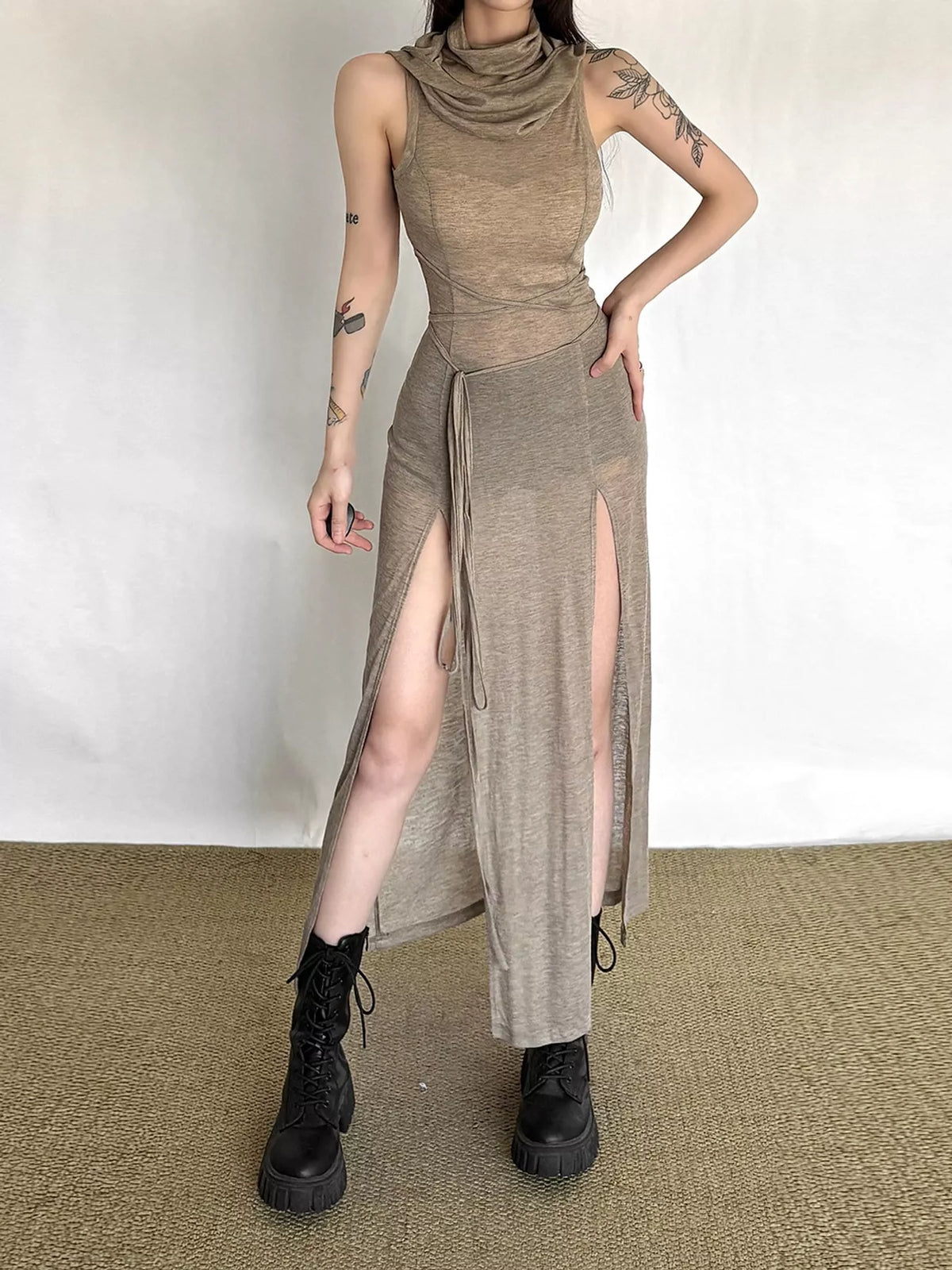 Sleeveless High-Slit Hooded Maxi Dress