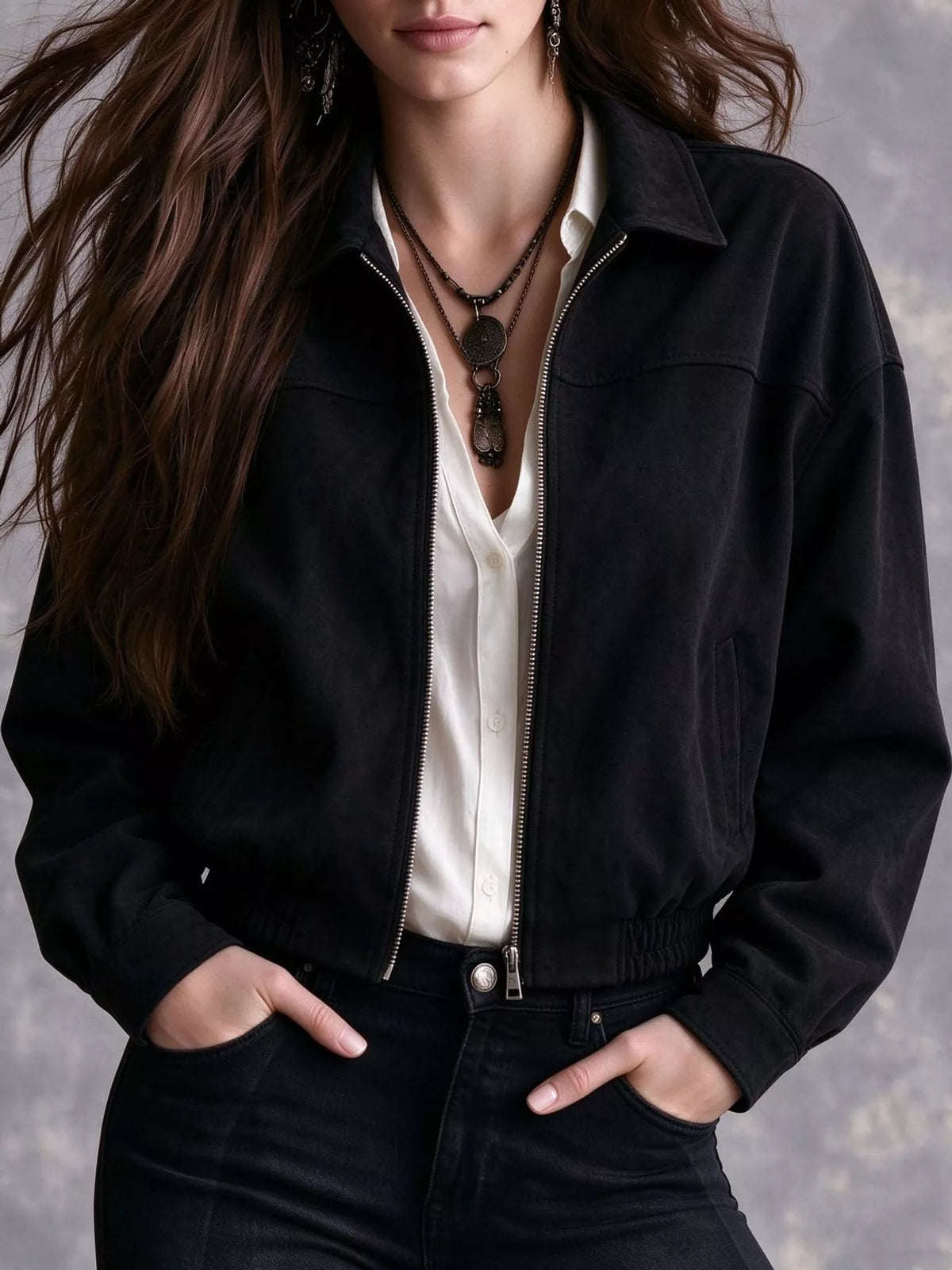 Zip-Up Bomber Jacket in Black
