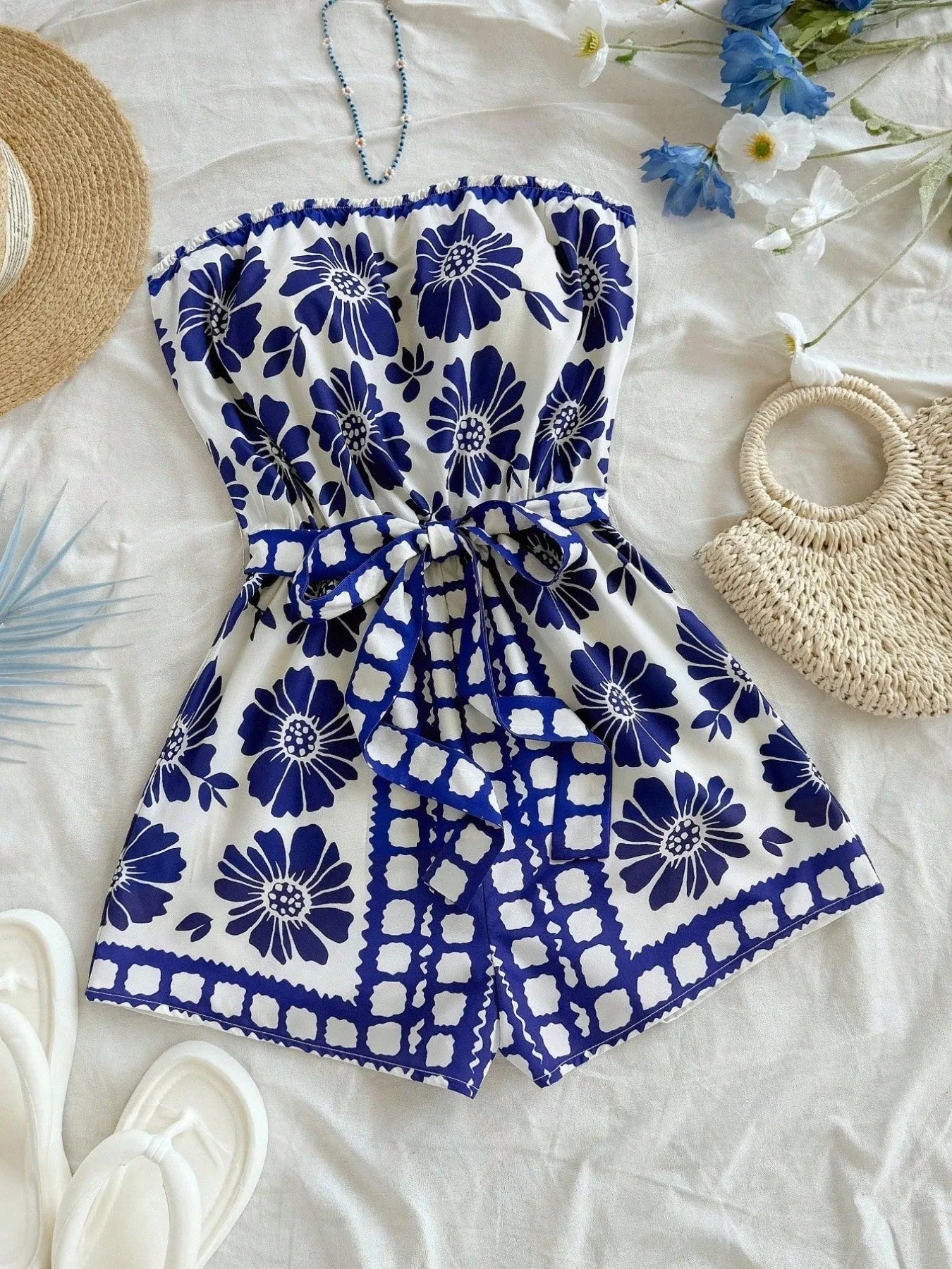 Printed Tube Tie-Waist Romper