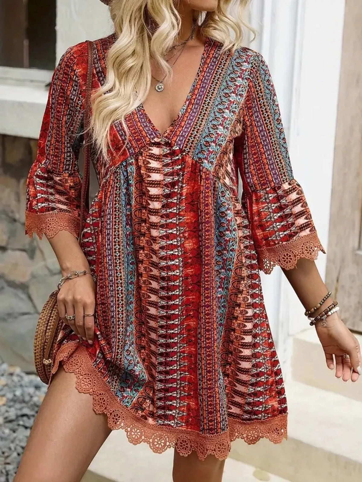 Printed V-Neck A-Line Dress with Lace Detail