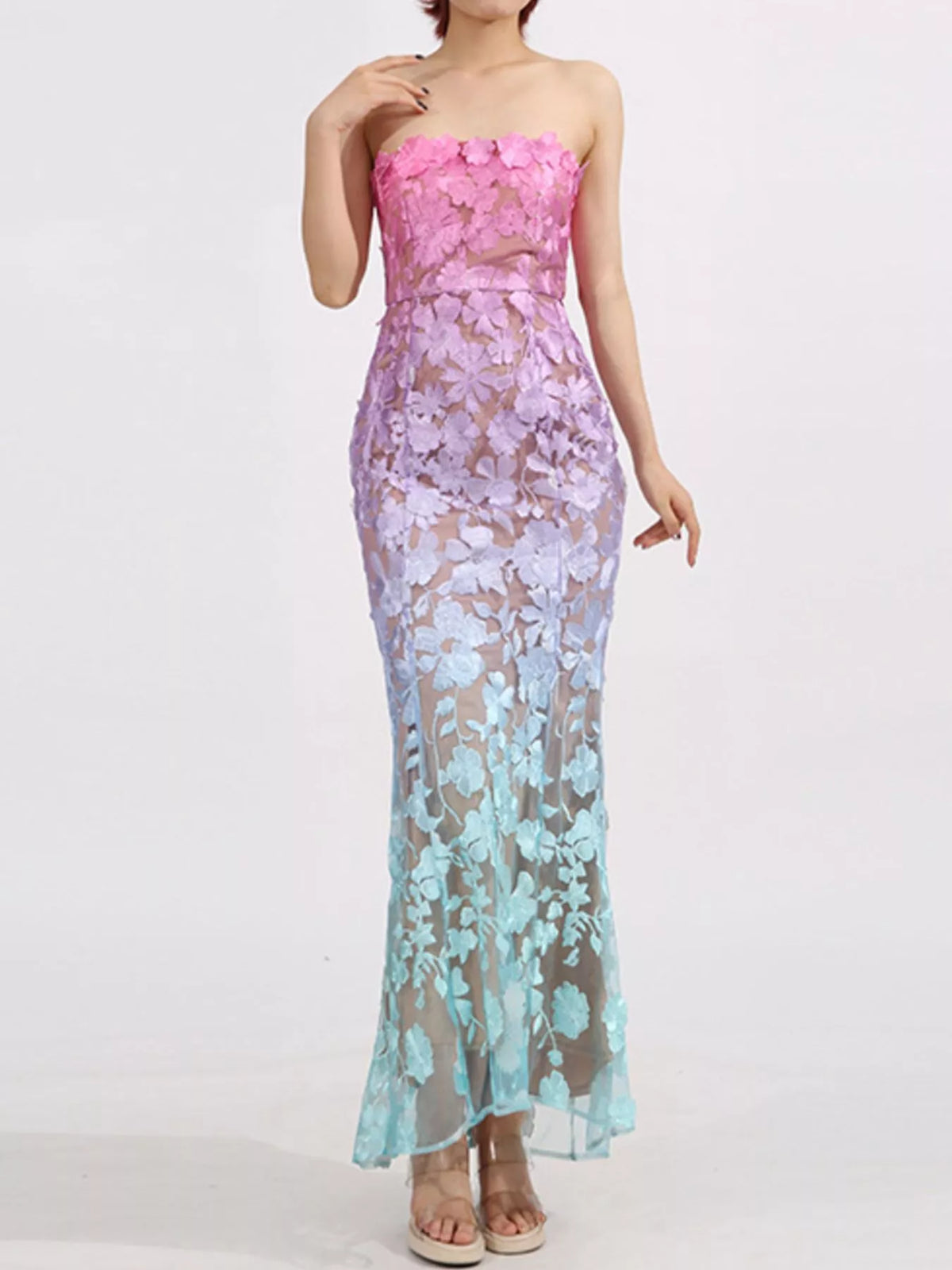 Embroidered Tube Maxi Dress in Gradient in Gradient Color