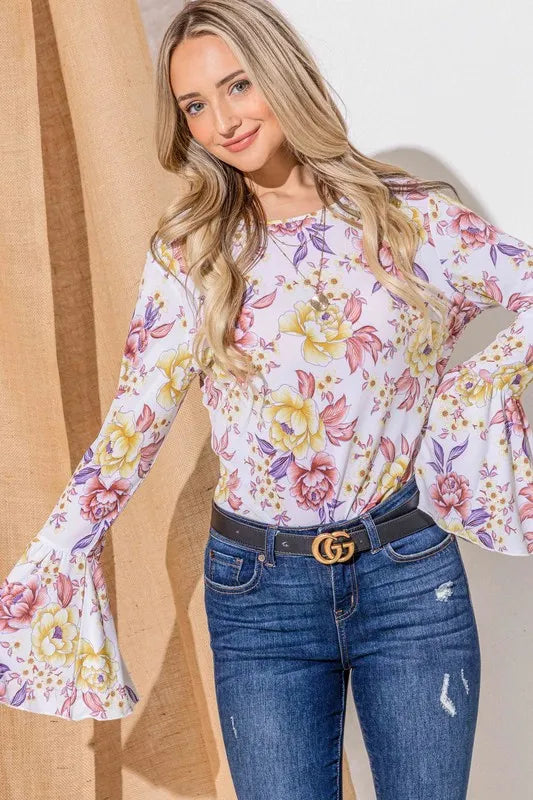 And The Why Floral Bell Sleeve Top in Mustard Mauve
