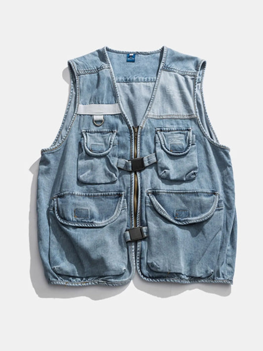 Multi-Pocket V-Neck Denim Vest in Light Wash