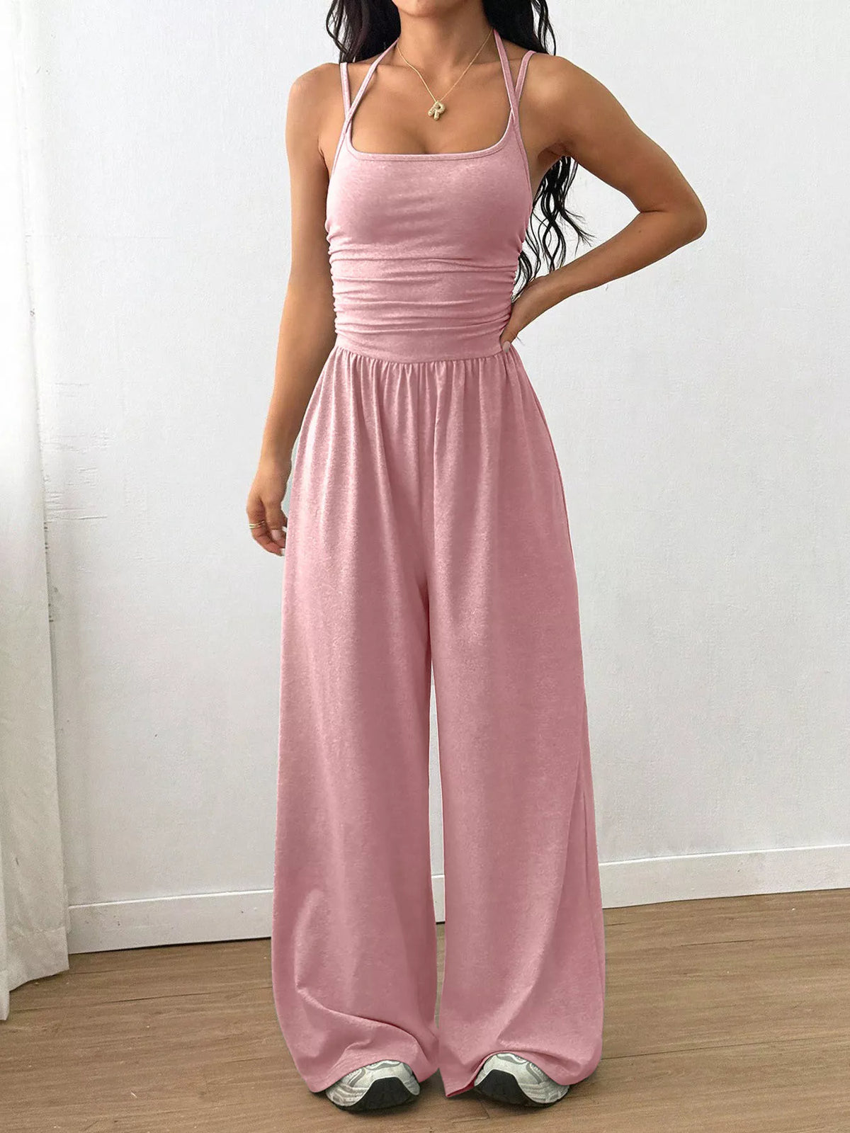 Ruched Spaghetti Strap Wide Leg Jumpsuit