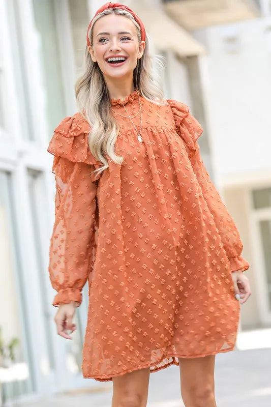 And The Why Ruffle Shoulder Swiss Dot Dress in Camel