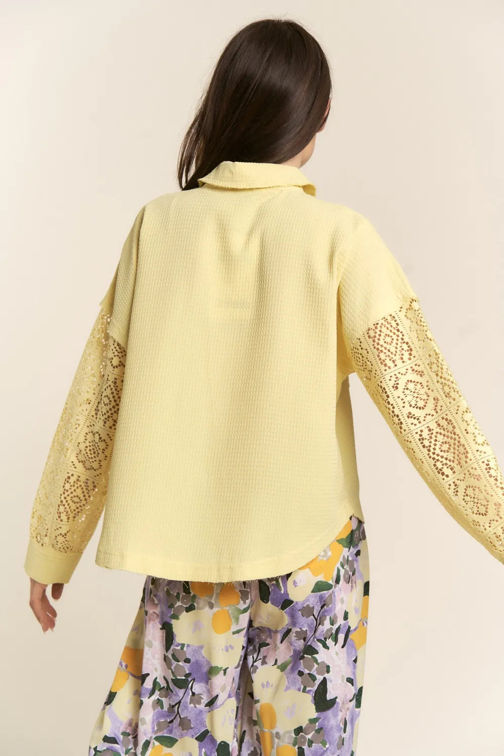 Lace Detail Waffle Shirt in Yellow by J.NNA