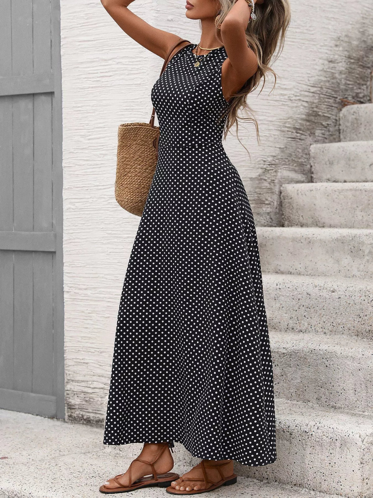 Sleeveless Polka Dot Tie Maxi Dress