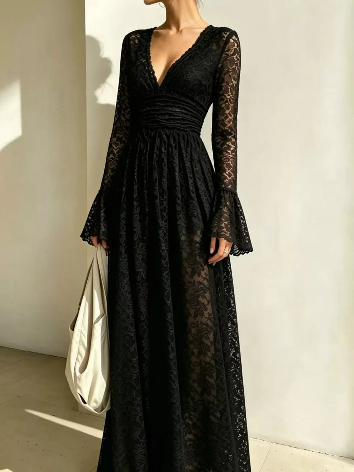 Ruched Lace V-Neck Maxi Dress