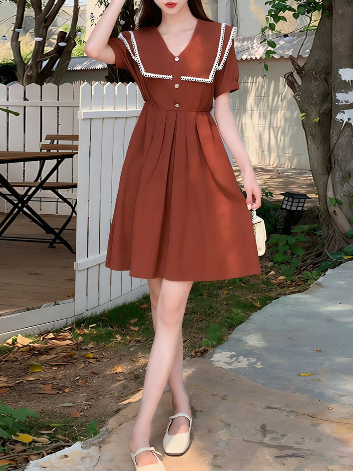 Sailor Collar Pleated Dress in Orange Red