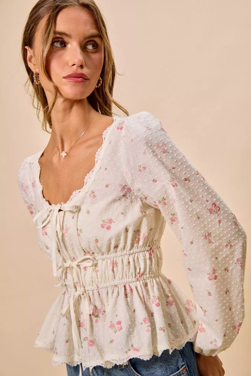 So Me Floral Clip Dot Lace Trim Blouse in White