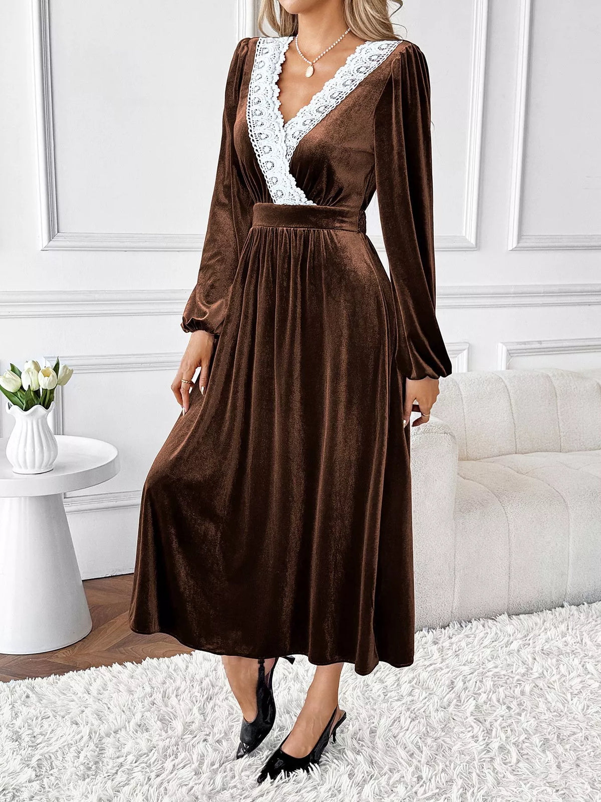 A-Line Velvet Dress with Lace Trim in Brown