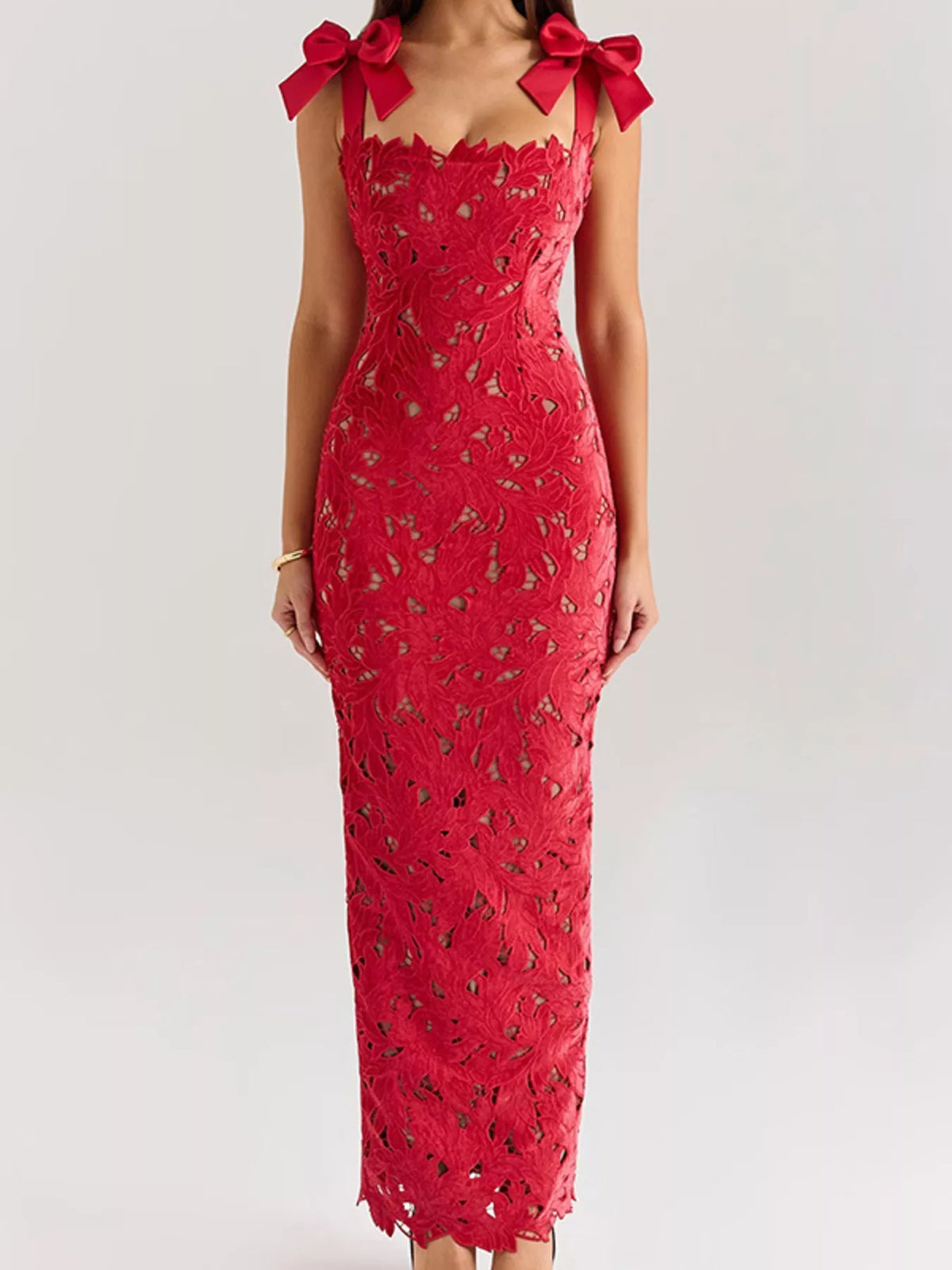 Tie Shoulder Lace Cutout Maxi Dress