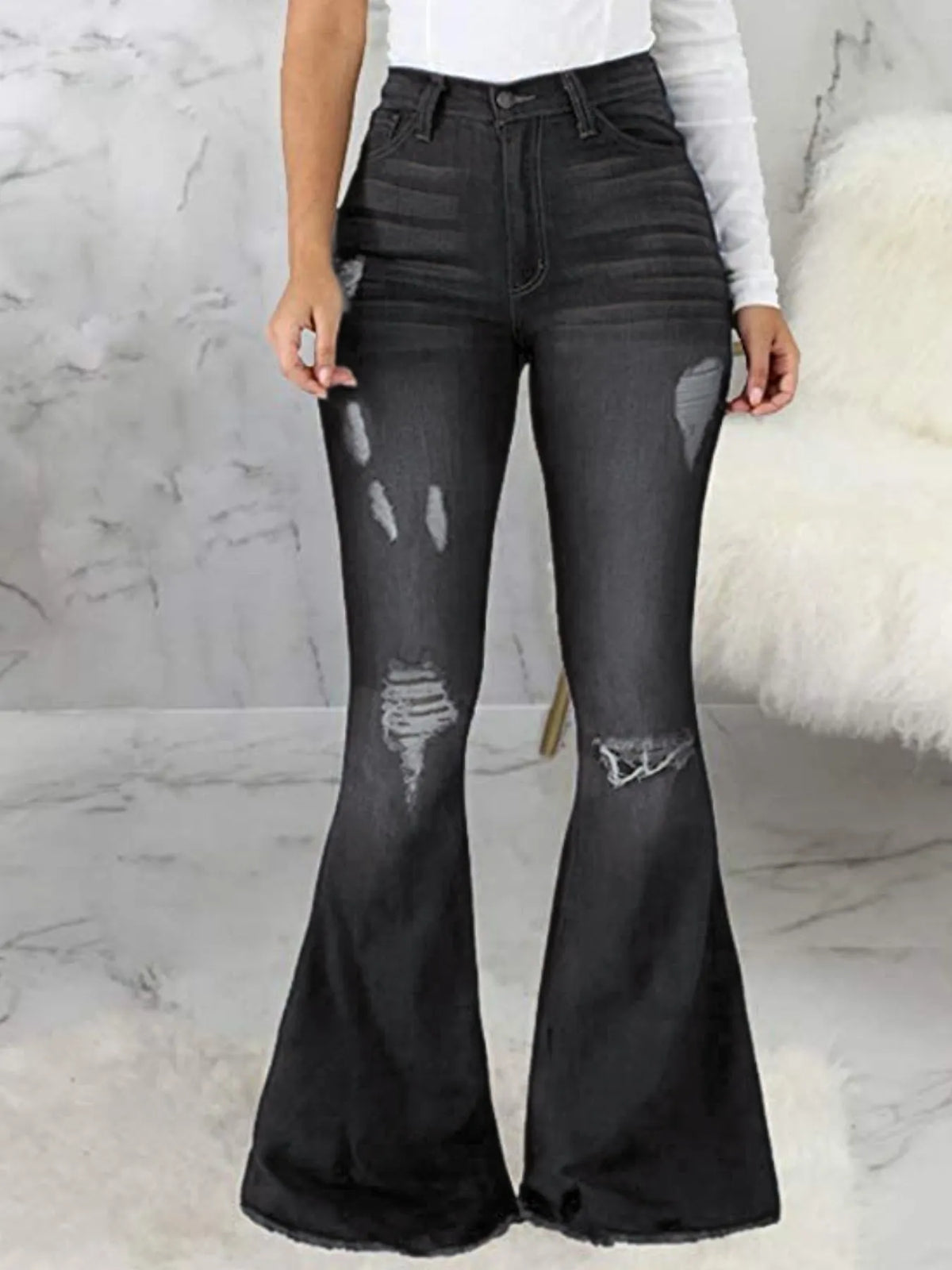 Distressed Raw Hem Flare Jeans