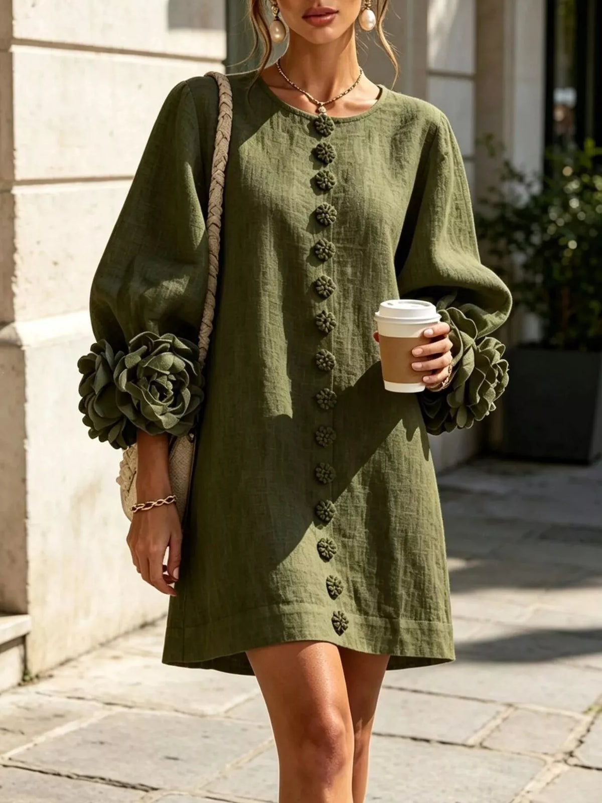 3D Floral Sleeve Round Neck Dress, Plus Size