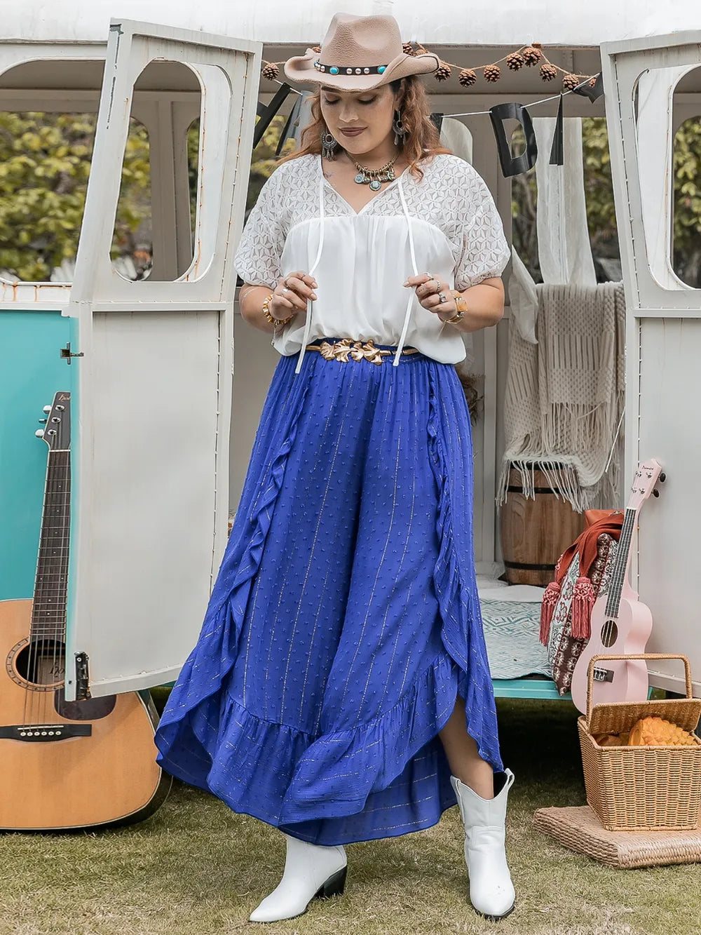 Swiss Dot Ruffled Wide Leg Pants in Royal Blue