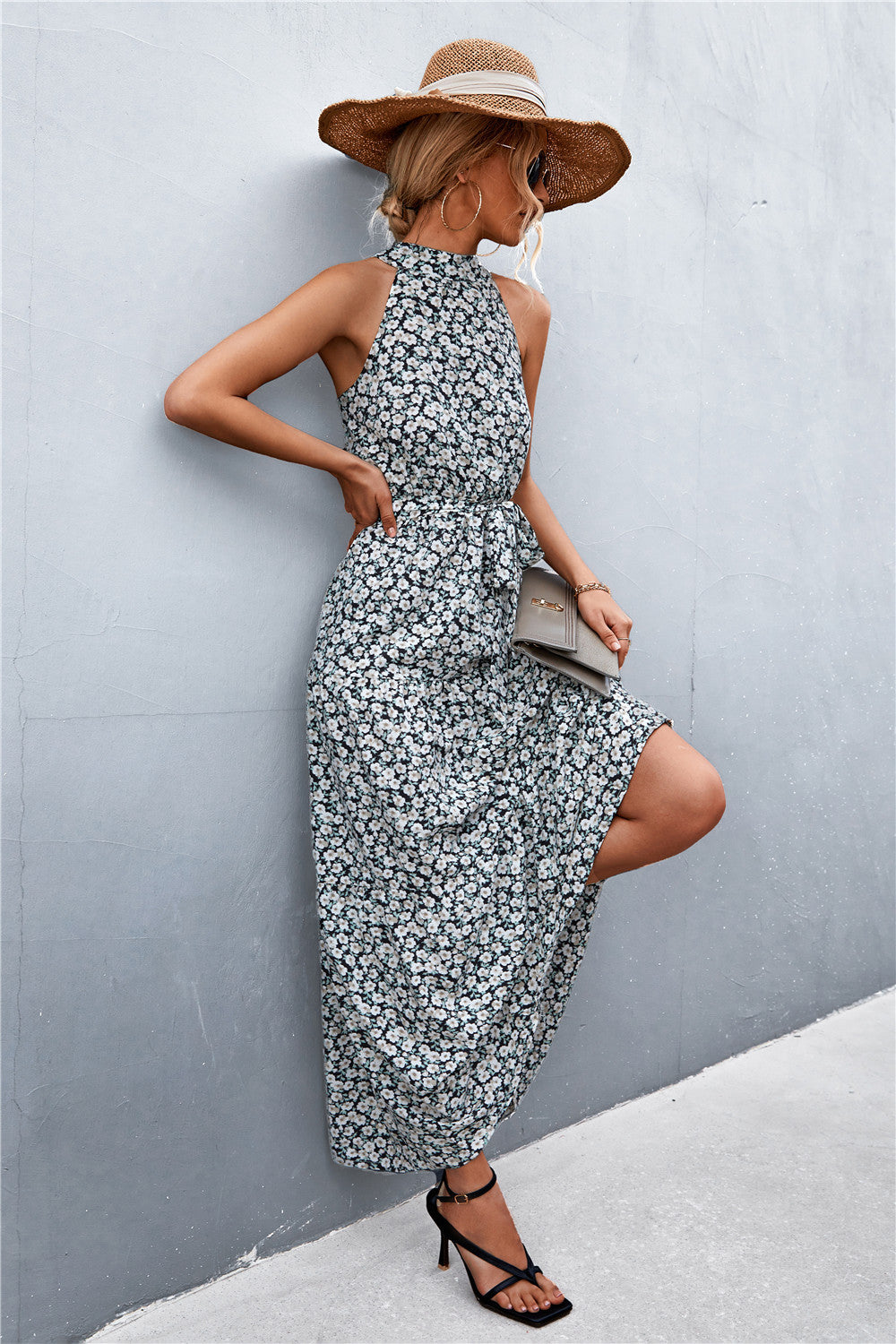 Printed Sleeveless Tie Waist Maxi Dress in Rose Floral in Rose/Floral