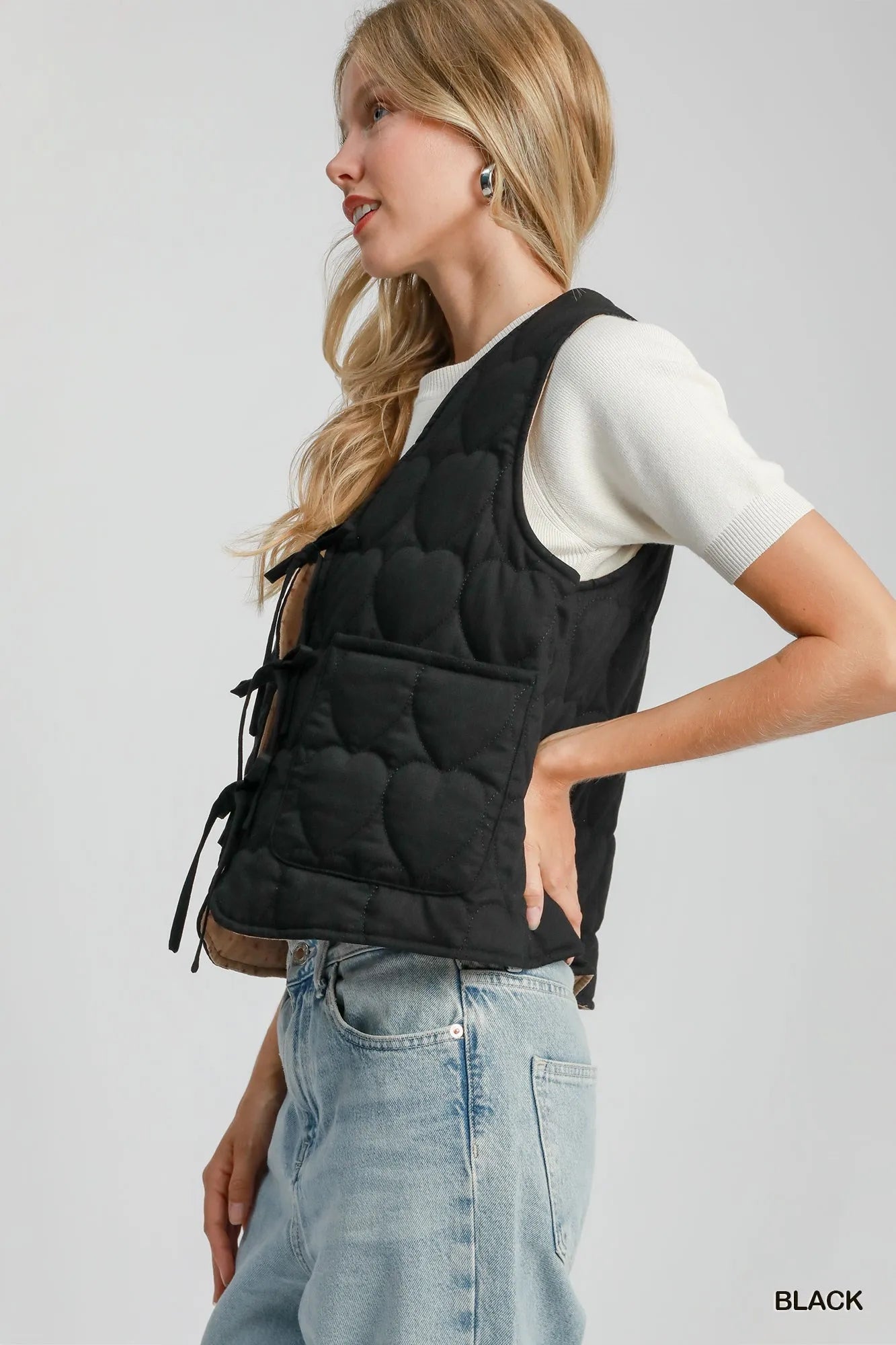 Umgee Heart Quilted Tie-Front Vest in Black