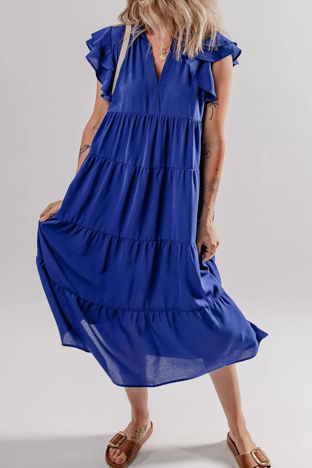 Ruffled Collared Tiered Midi Dress in Light Indigo