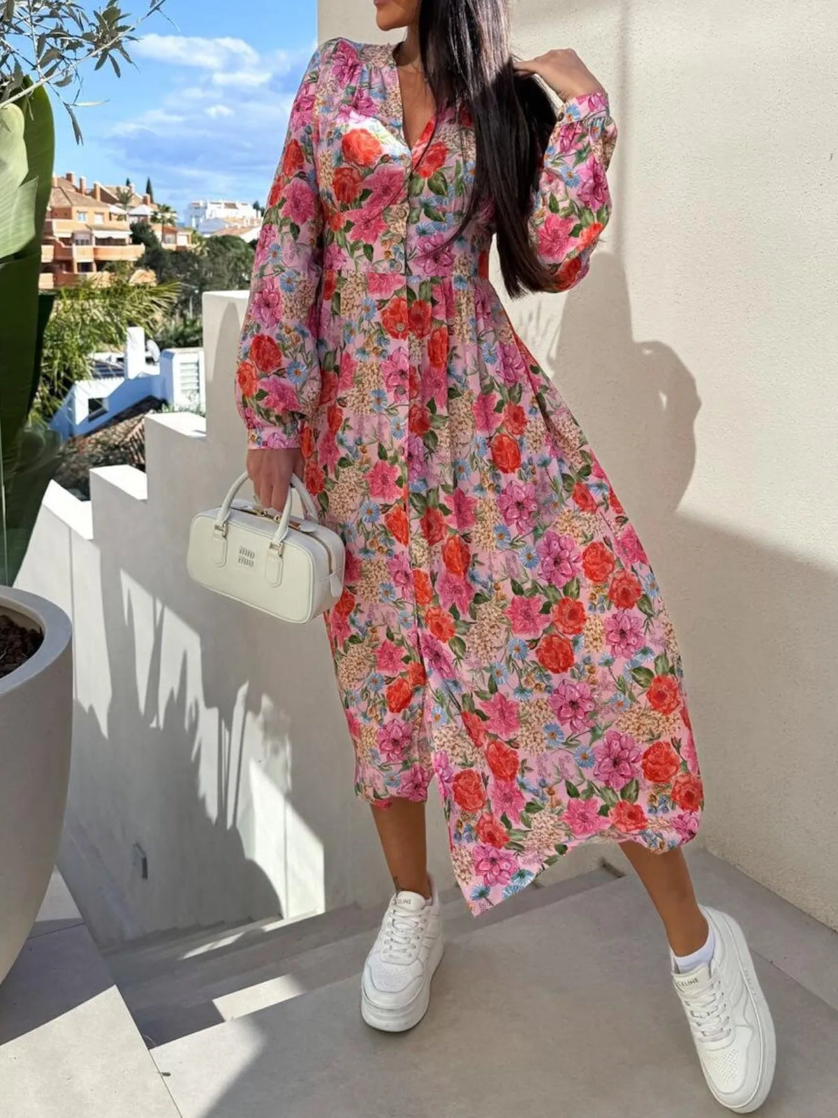 Floral V-Neck Button-Front Dress