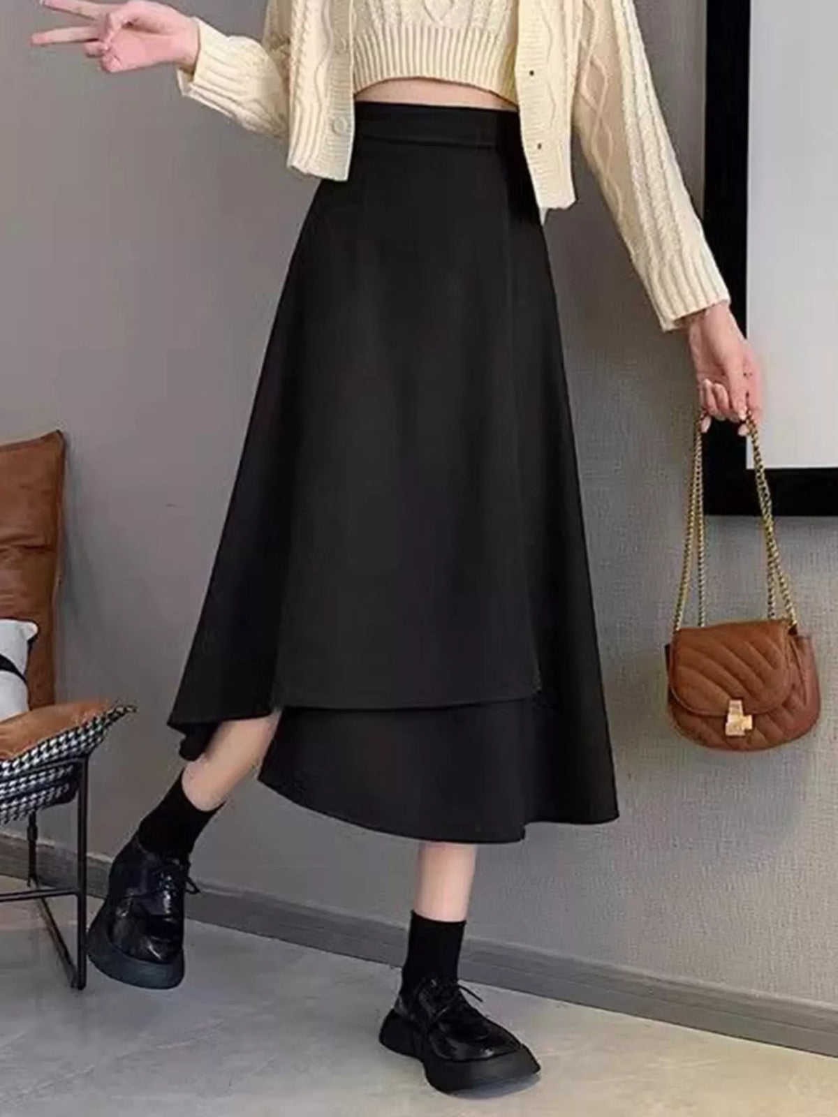 Asymmetrical Hem A-Line Skirt in Black