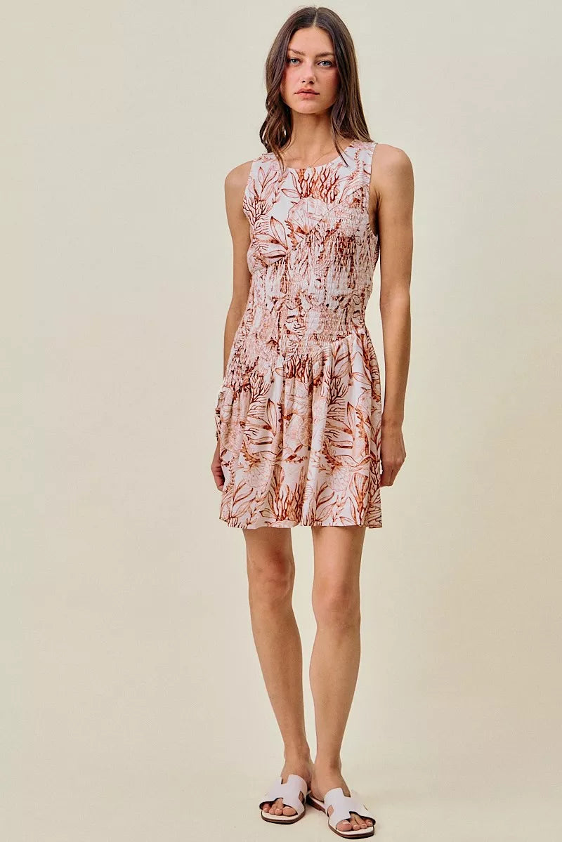 So Me Shell Print Smocked Mini Dress in Taupe