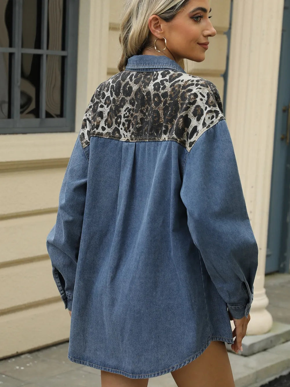 Leopard Print Button-Up Denim Jacket in Dusty Blue by Manny