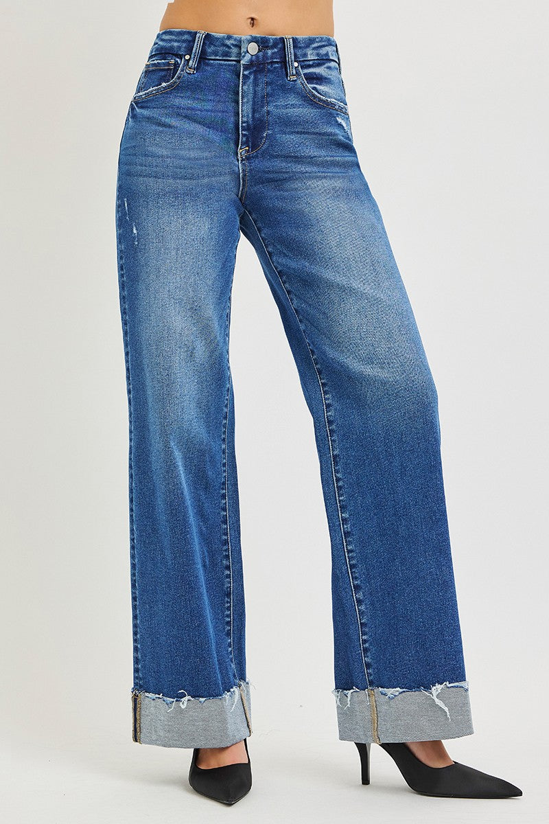 Risen High Rise Wide Leg Cuffed Jeans in Medium Wash