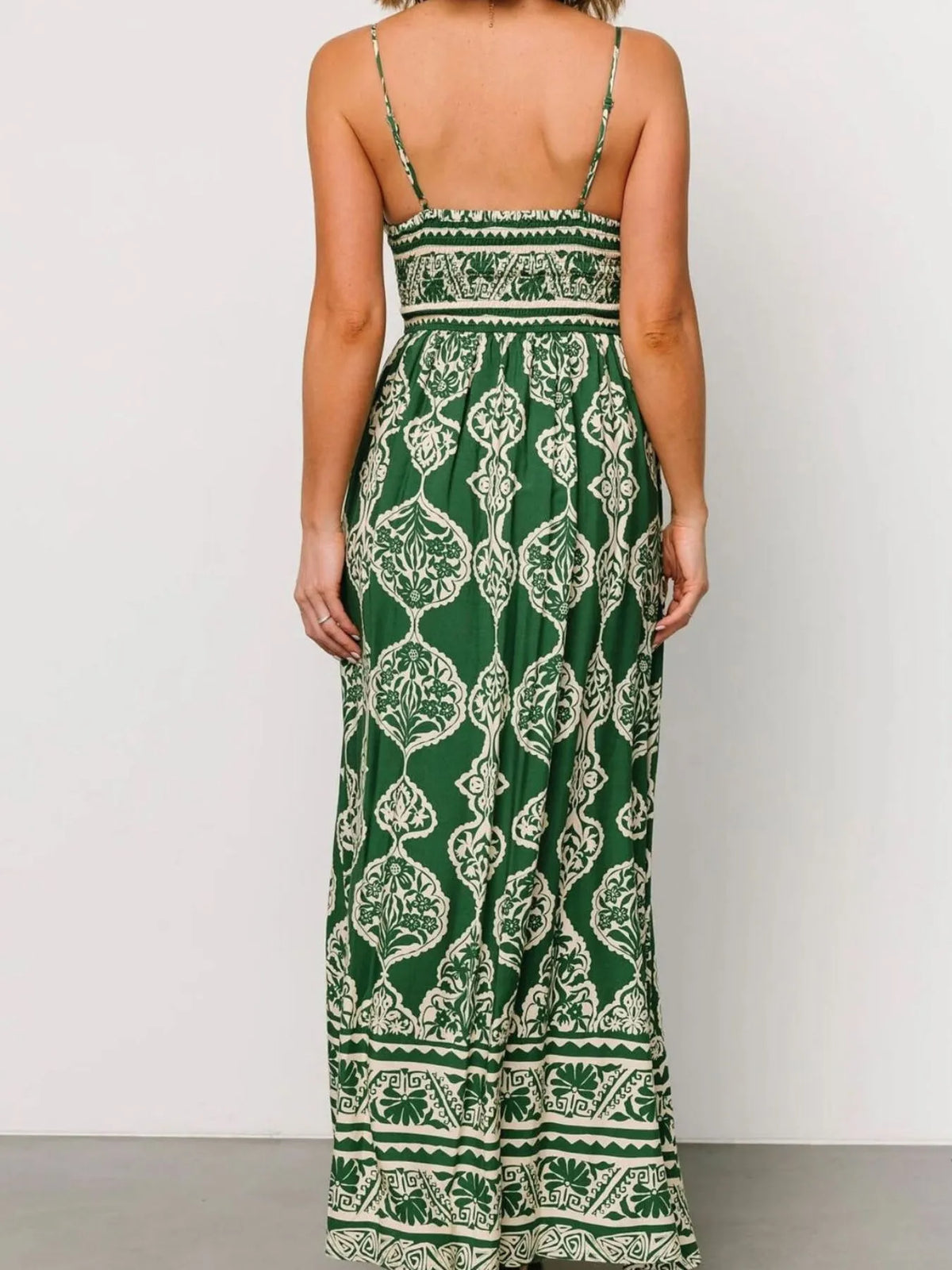 Printed V-Neck Maxi Cami Dress in Matcha Green