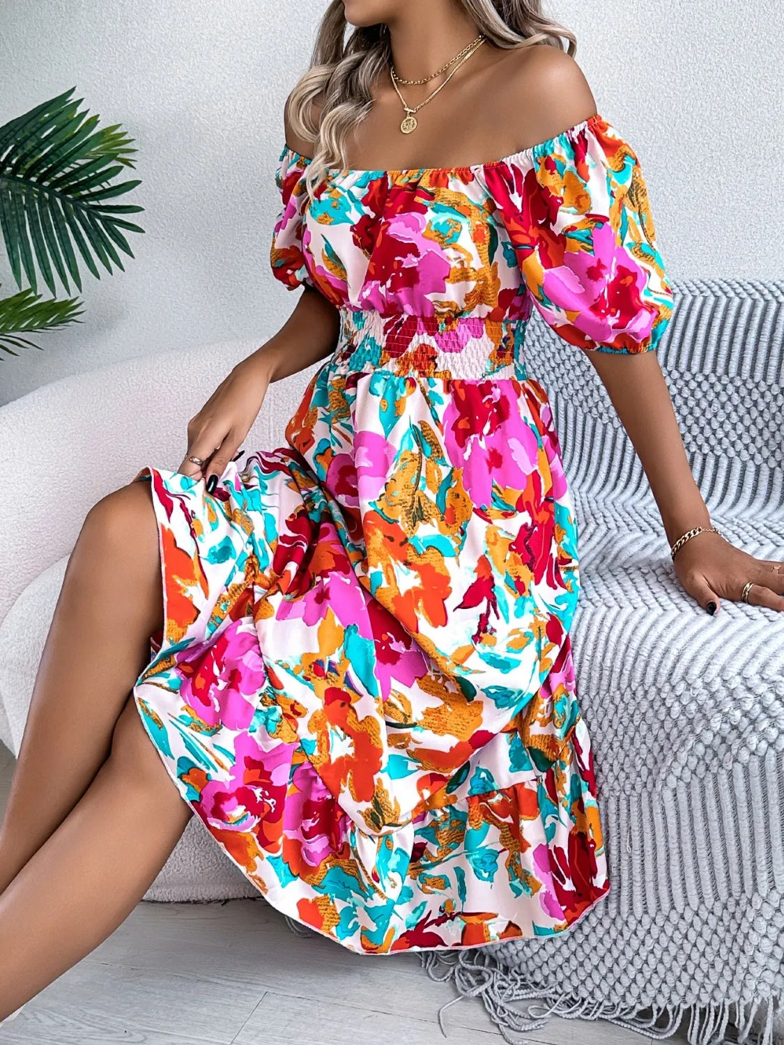 Ruffled Hem Smocked Floral Short Sleeve Midi Dress