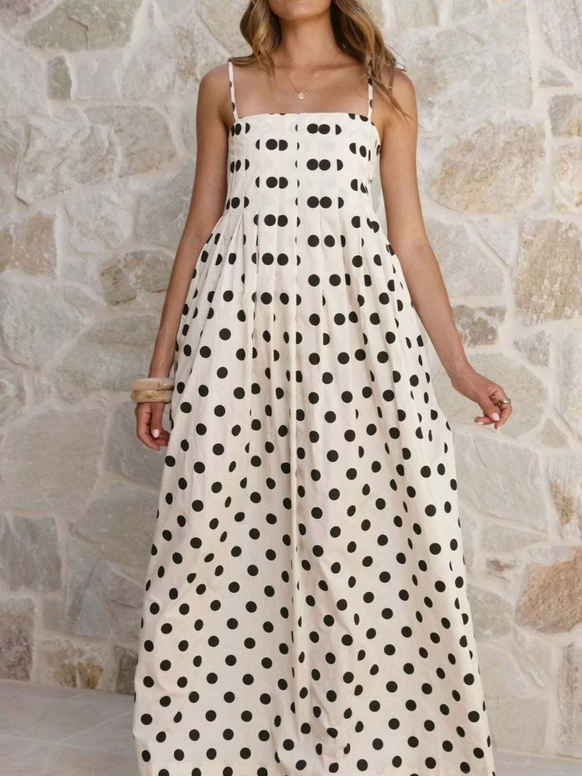 Pleated Polka Dot Maxi Dress