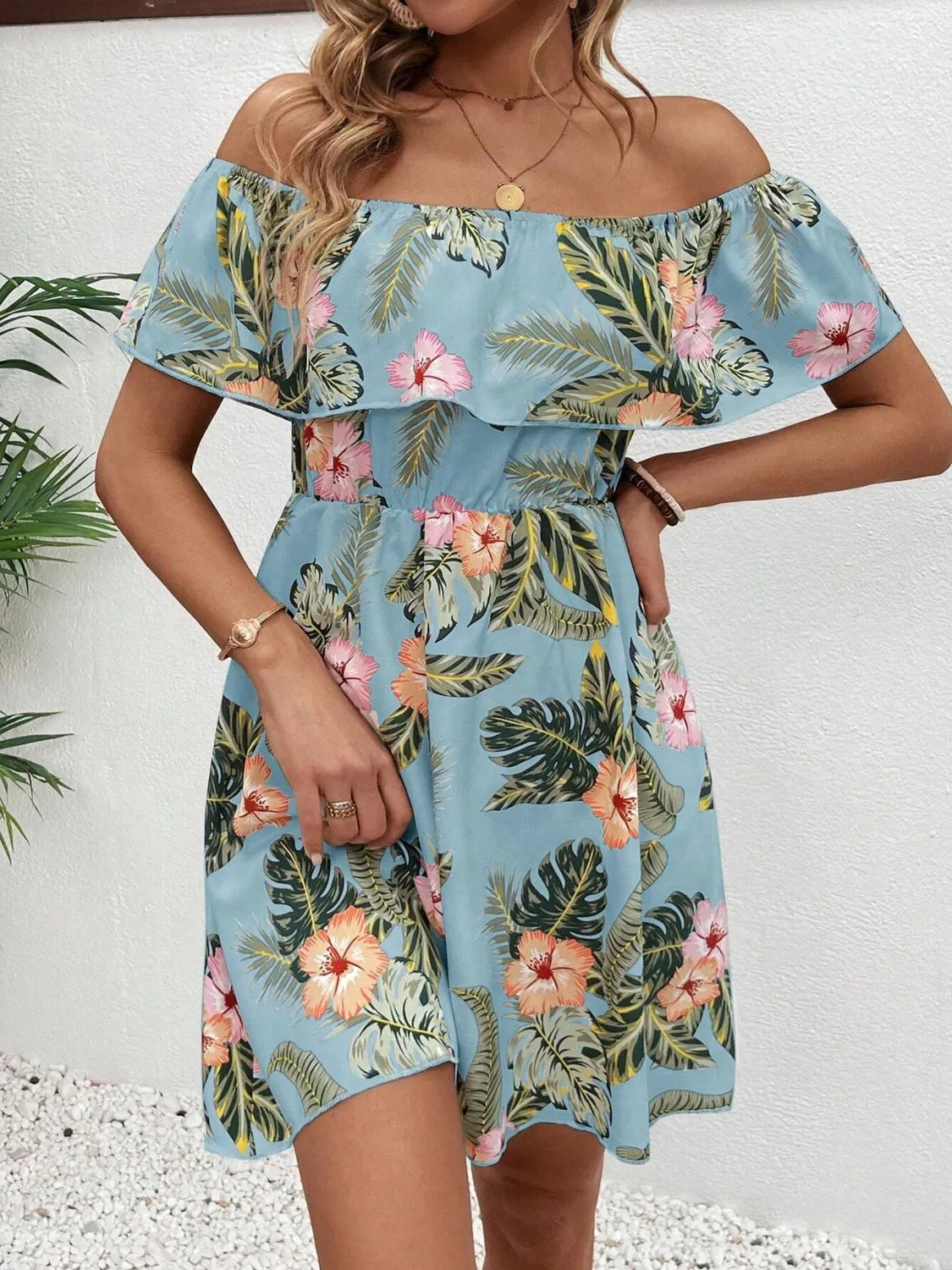 Printed Off-Shoulder Ruffle Mini Dress in Light Blue