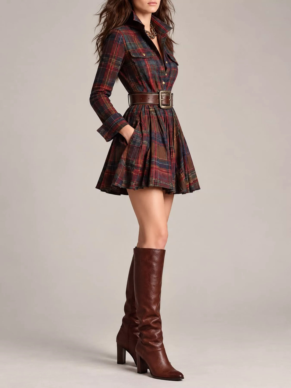 Plaid Long-Sleeve Shirt Dress with Belt