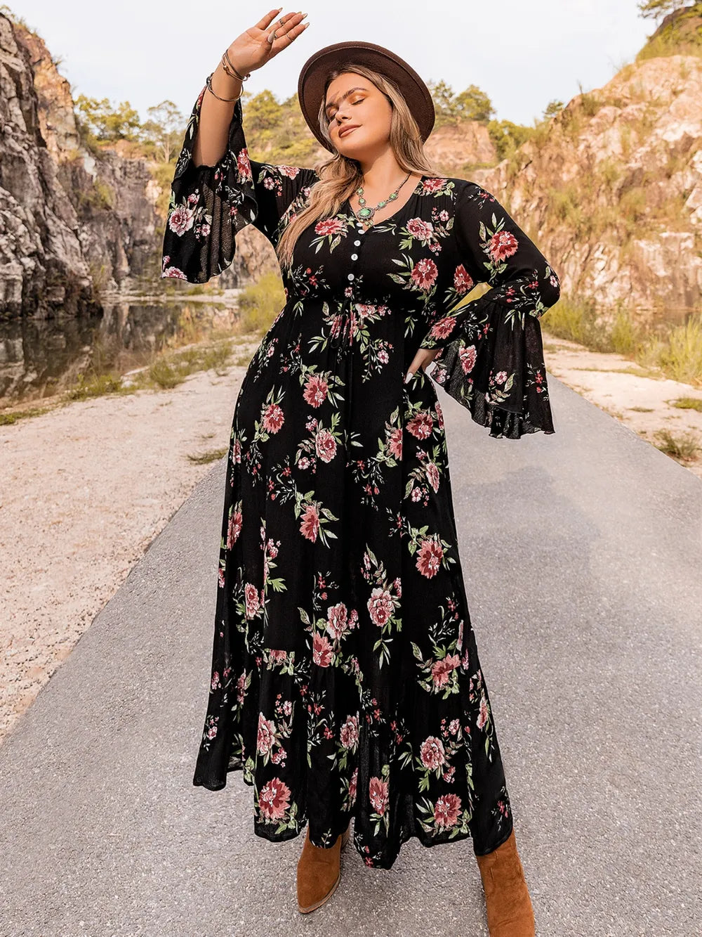 Floral Flare Sleeve Dress in Black