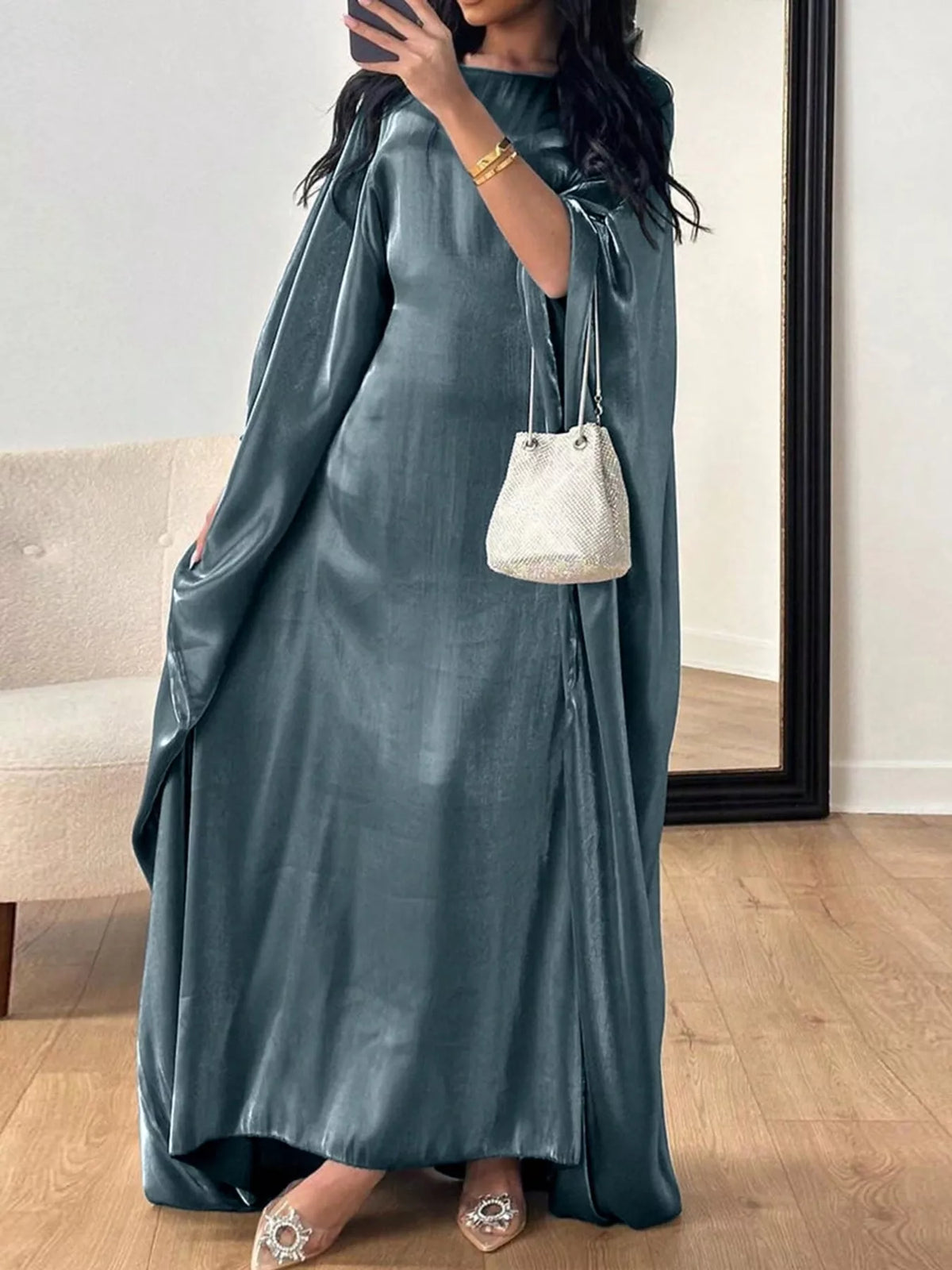 Round Neck Kimono Sleeve Maxi Dress in Deep Teal