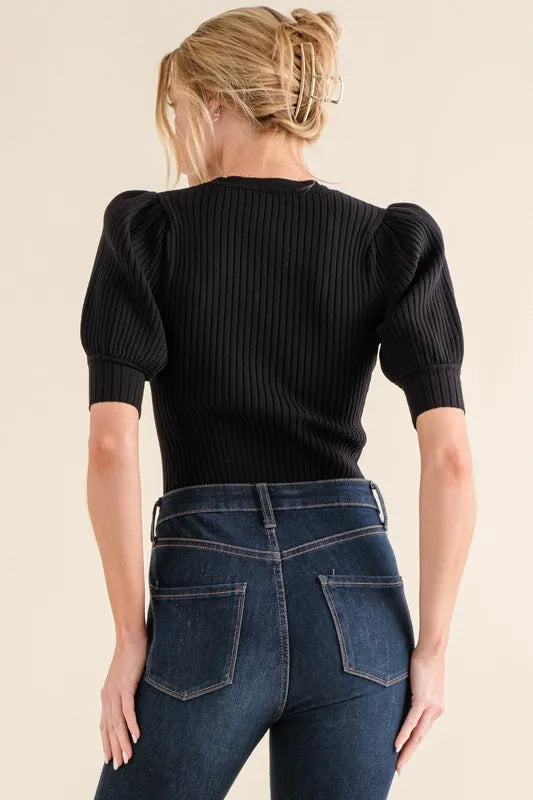 And The Why Puffed Half Sleeve Bodysuit in Black