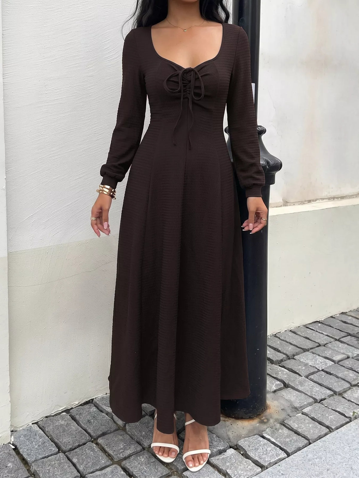 Long Sleeve Tie-Front Maxi Dress in Brown