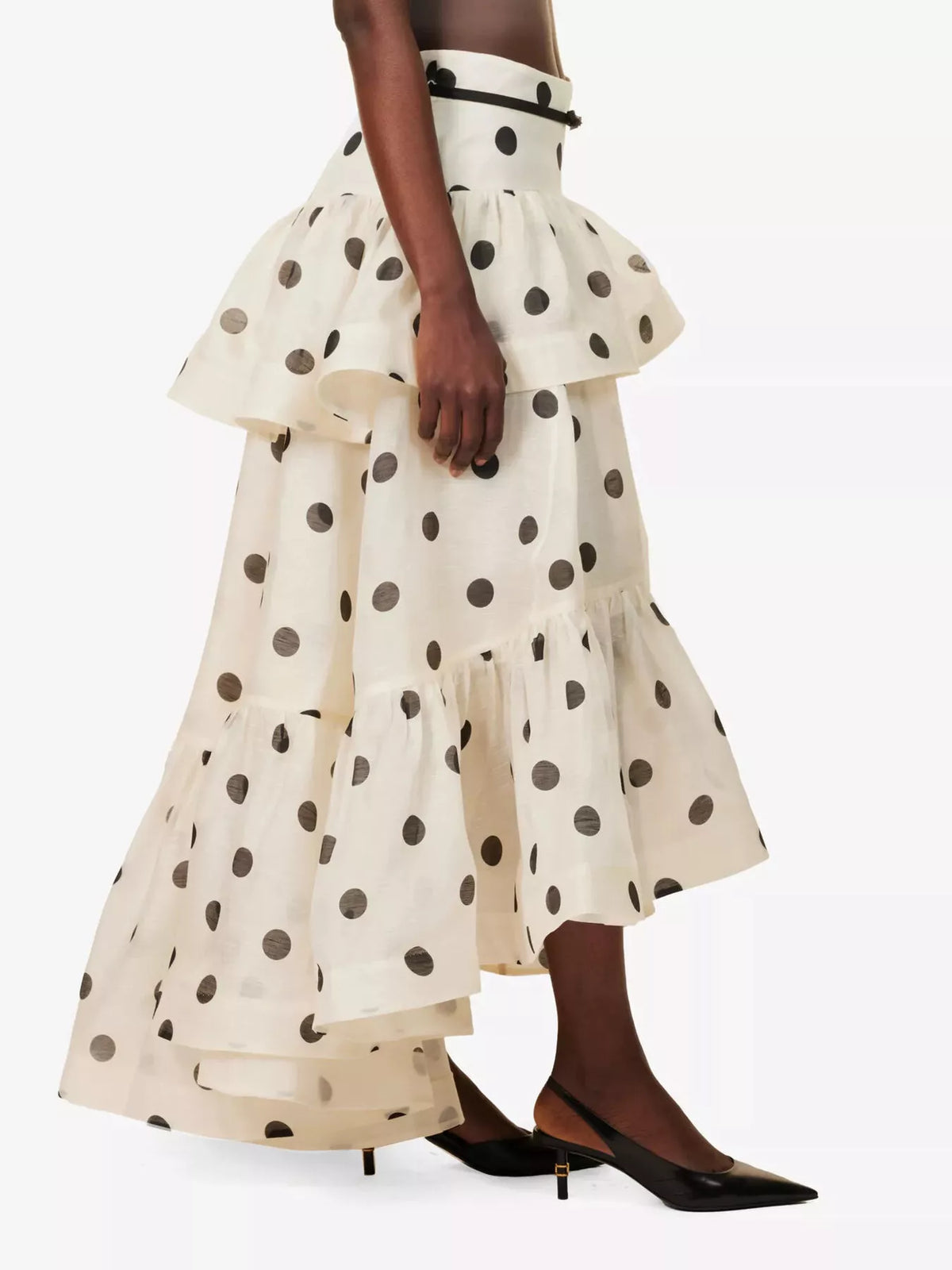 Polka Dot Tiered Ruffle Skirt in Beige