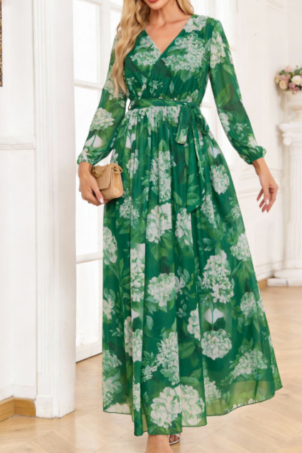 Floral Long Sleeve Maxi Dress in Green