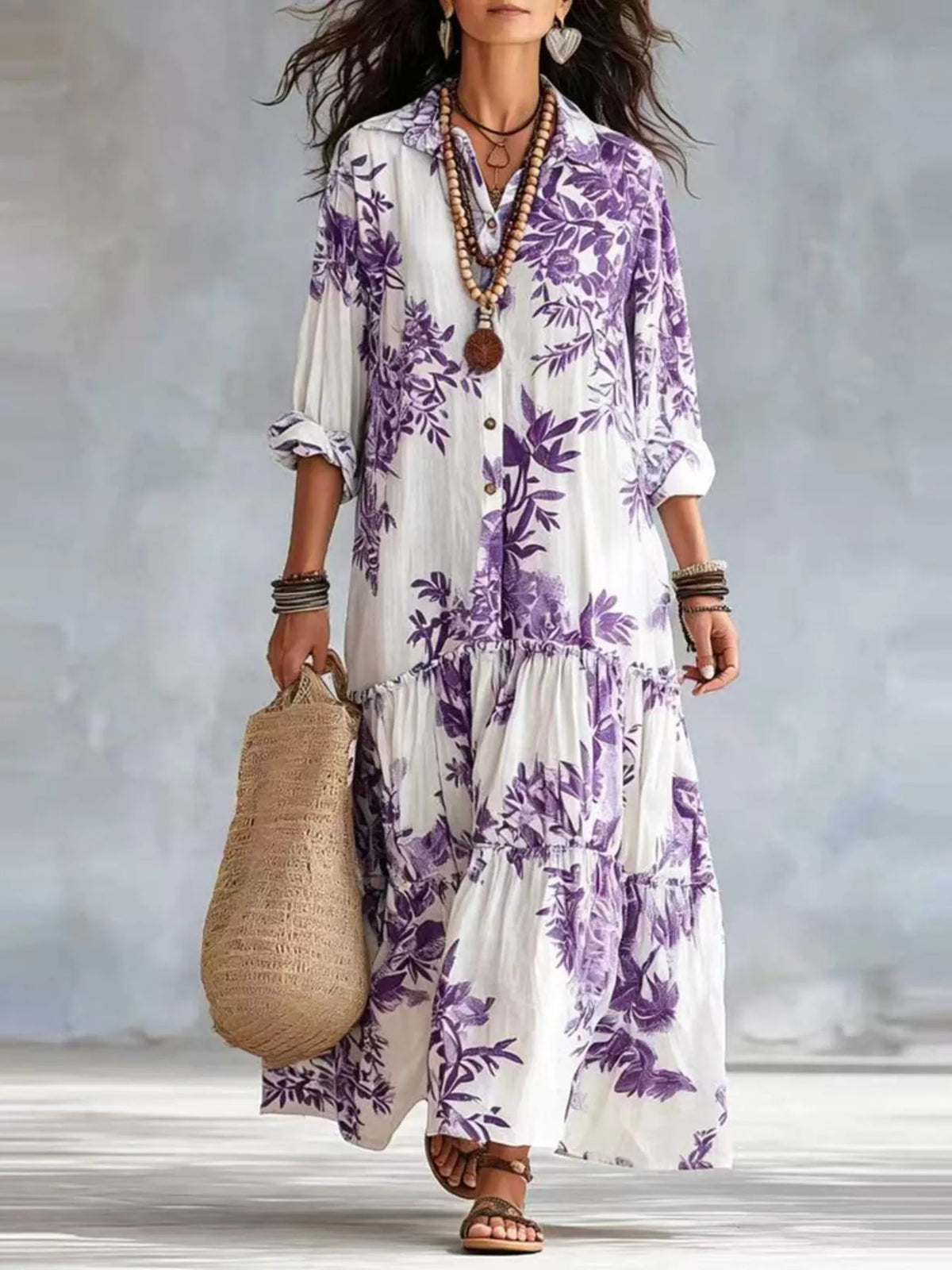 Printed Button-Front Tiered Maxi Dress