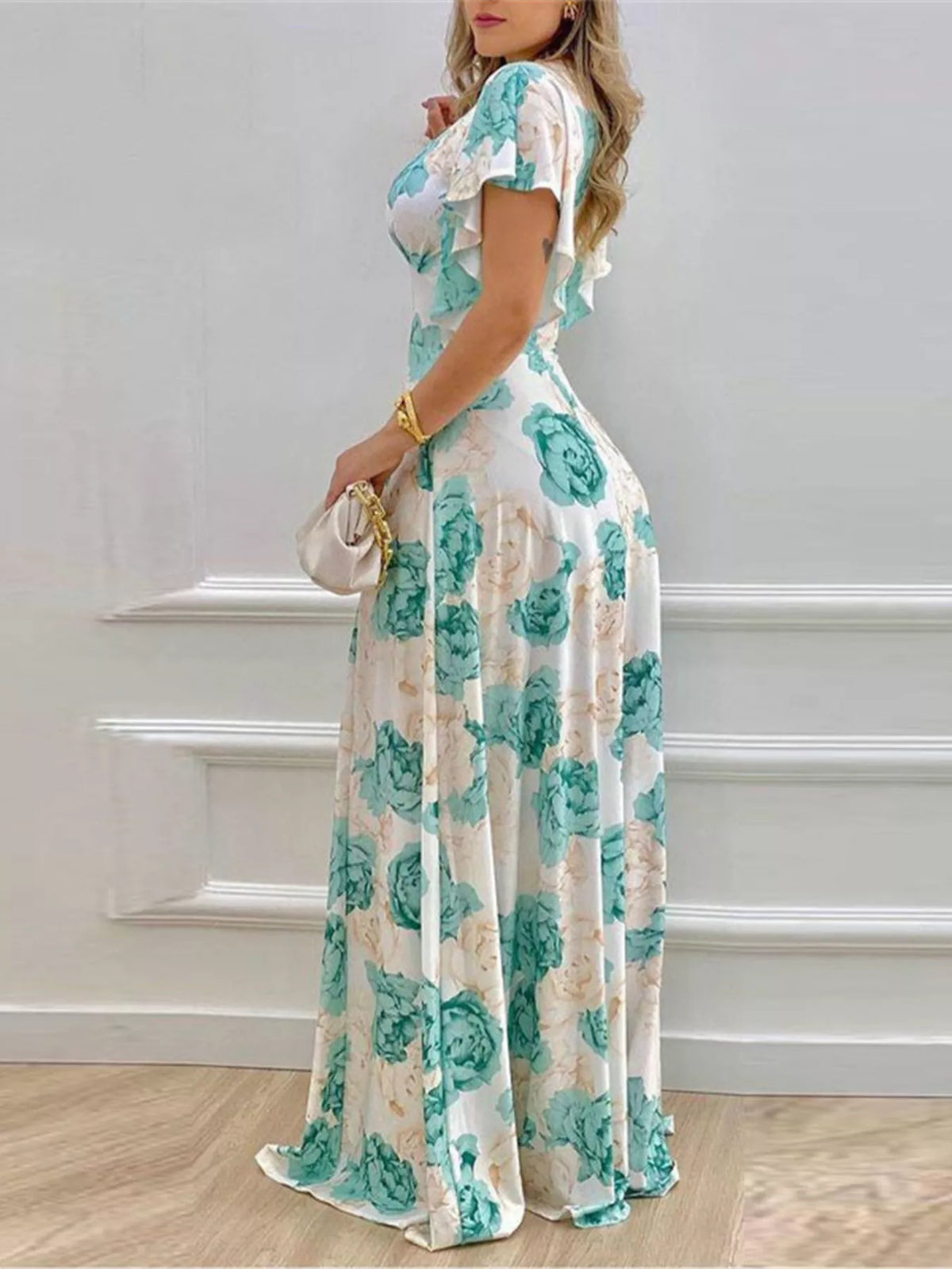 Floral V-Neck Ruffle Sleeve Maxi Dress
